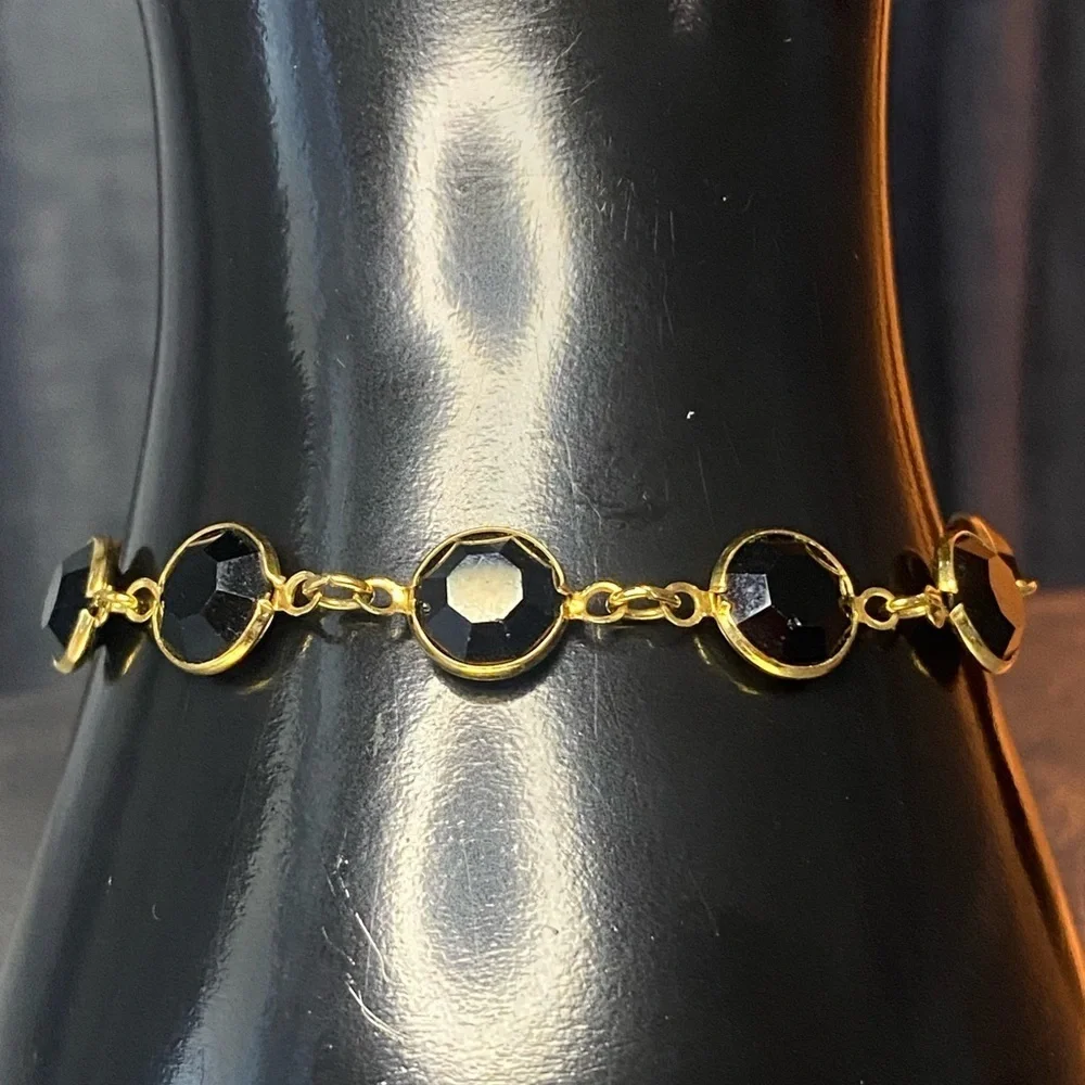Vintage Gold Tone Bracelet & Earrings Set Black Faceted‎ Stones Sunburst Mark